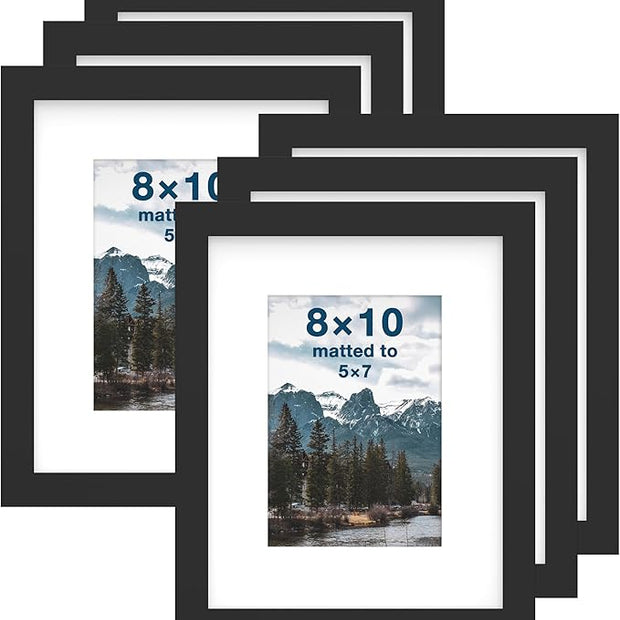 FrameWorks 8x10 mat to 5x7 Classic Wooden Picture Frames Tempered Glass/Black / 6-Pack