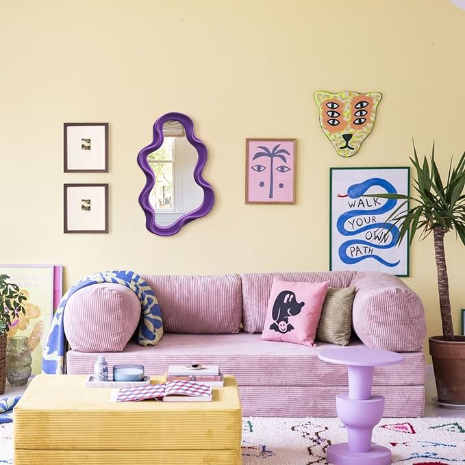 Purple Wavy Mirror Mirror for Girly Bedroom Decoration, Asymmetrical Cloud-Shaped Decorative Funky Mirrors for Modern Vintage Home Office Living Room Housewarming Birthday Gift