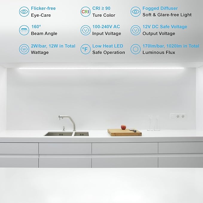 Under Cabinet Lights, Plug in, Seamlessly Linkable 12 Inch, 6 Bars+Switch+Extensions, Under Counter Lighting for Kitchen, Closet, Gun Safe, Shelf, Display Case, LED 5000k Daylight