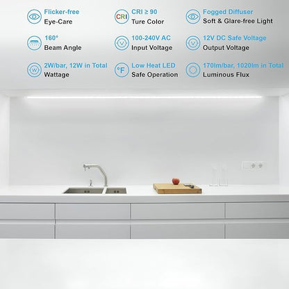 Under Cabinet Lights, Plug in, Seamlessly Linkable 12 Inch, 6 Bars+Switch+Extensions, Under Counter Lighting for Kitchen, Closet, Gun Safe, Shelf, Display Case, LED 5000k Daylight
