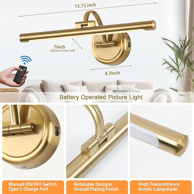 Picture Light for Wall,Battery Operated Art Lights for Painting,3 Color Selections and Brightness, Adjustable Wireless Portrait Lights with Remote for Artwork,Bookcase,Photo Frames(Brass, 15.7inch)