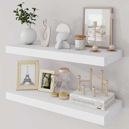 24 Inch Floating Shelves, 9.3" Deep Floating Shelf Wall Mounted, 24" Wall Shelves, Rustic Deep Bookshelf, Large Display Shelves & Storage Shelves for Bedroom, Living Room, White, Set of 2