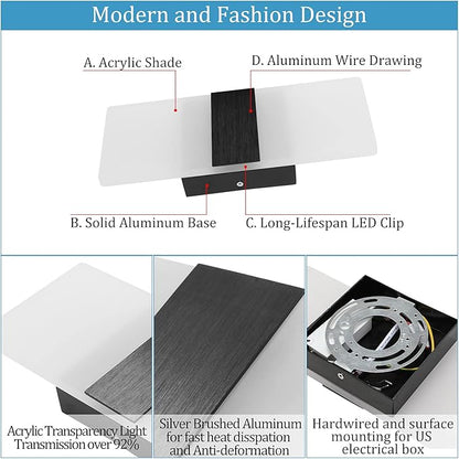 Lightess Modern Wall Sconce Dimmable Sconce Wall Lighting 12W Black Indoor Wall Lamp Acrylic Wall Mounted Lighting Fixture for Bedroom Living Room Hallway, Cool White