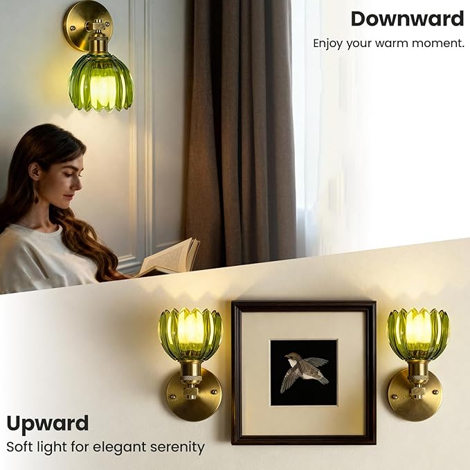 Wall Sconces Set of Two, Battery Operated Wall Light with Remote, Wireless Rechargeable Wall Sconce, 12 Colors & Dimmable, Scalloped Green Glass Shade, Vintage Brass Wall Lamp for Bedroom, Living Room