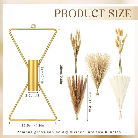 Peryiter 2 Pcs Boho Gold Wall Decor Metal Wall Art X Shaped Hanging Planters with Artificial Pampas Modern Home Gold Bathroom Decor for Bedroom Living Room