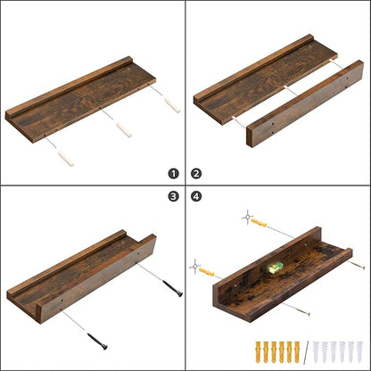 HOOBRO Floating Shelves, Wall Shelf Set of 3, 35.4 Inches Hanging Shelf with Raised Edge and Invisible Brackets, for Bathroom, Bedroom, Kitchen, Office, Living Room Decor, Rustic Brown BF90BJ01