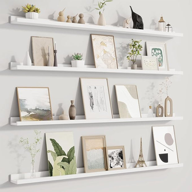 Fun Memories Picture Ledge Shelf for Wall, Floating Shelves Set of 4, 48 Inch Long Nursery Book Shelves for Toys Storage, Kids Bookshelf Wall Mounted for Books Photo Frames, White