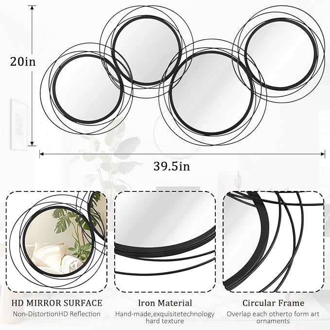 Black Wall Mirror Set, Metal Framed Round Mirror 4 Pack Circle Modern Decorative Mirrors for Living Room Bedroom Bathroom Entryway 20x40 Inch Home Decor