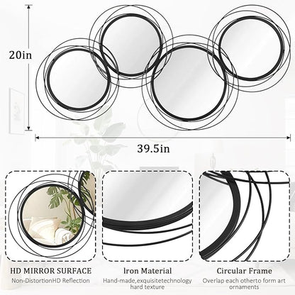Black Wall Mirror Set, Metal Framed Round Mirror 4 Pack Circle Modern Decorative Mirrors for Living Room Bedroom Bathroom Entryway 20x40 Inch Home Decor