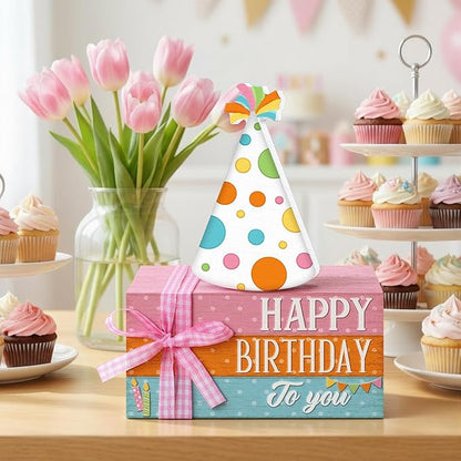 Geelin 4 Pcs Birthday Wooden Book Stack Decor, Rustic Happy Birthday Table Centerpieces with Party Hat Wooden Sign, Colorful Tiered Tray Decorations for Home, Office, and Party Table Decor