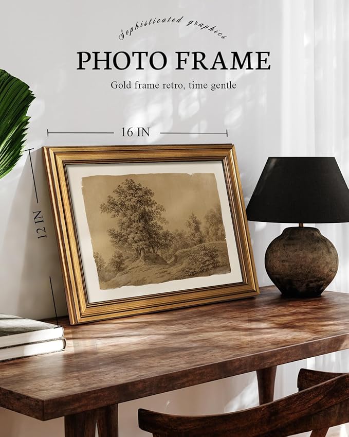 VIYYIEA Gold Framed Art Prints,12x16Inch, Sketch Landscape Vintage Art Painting, Rustic Sepia-toned Decor for Library Dining Study Room Shelf, Country Canvas Picture