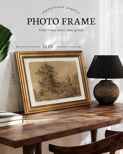 VIYYIEA Gold Framed Art Prints,12x16Inch, Sketch Landscape Vintage Art Painting, Rustic Sepia-toned Decor for Library Dining Study Room Shelf, Country Canvas Picture