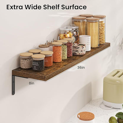 Marsmiles Extra Wide Floating Shelves for Wall, 36x8 Inch Natural Wood Grain Bookshelves, Heavy Duty Mounted Shelving for Bathroom, Kitchen, Living Room, Bedroom,Set of 2，Rustic Brown