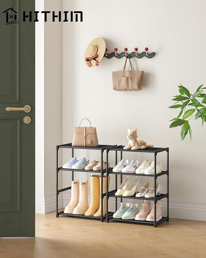 4 Tiers Small Shoe Rack,Narrow Stackable Shoe Shelf Organizer,Sturdy Shoe Stand, Non-Woven Fabric Metal Shoe Racks for Entryway, Doorway and Bedroom Closet