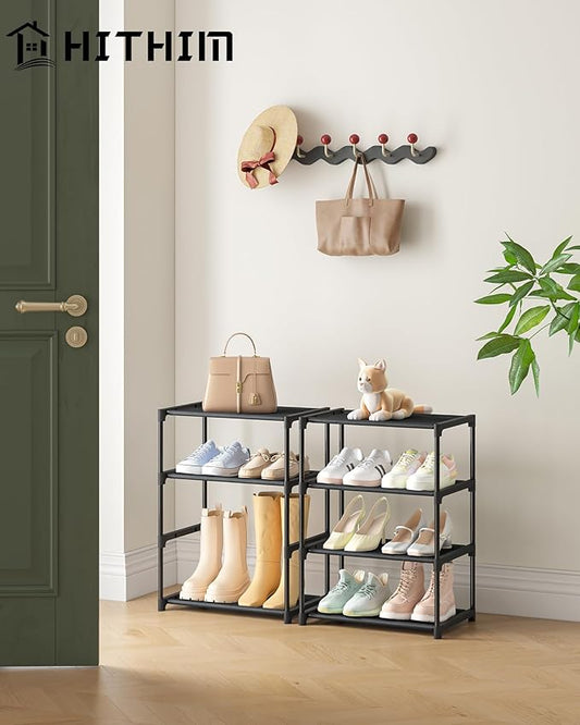 4 Tiers Small Shoe Rack,Narrow Stackable Shoe Shelf Organizer,Sturdy Shoe Stand, Non-Woven Fabric Metal Shoe Racks for Entryway, Doorway and Bedroom Closet