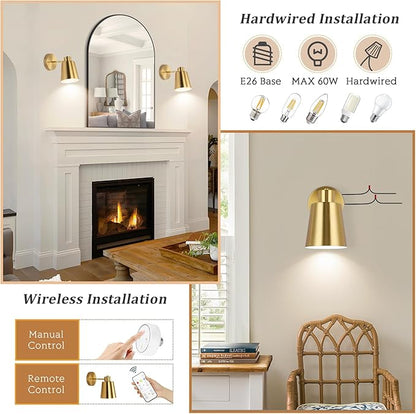 Gold Wireless Battery Operated Wall Sconces, Industrial Cordless Battery Powered Led Wall Lights Set of 2, Vintage Wall Lamp Fixture Indoor with Remote Control for Bedroom, Bathroom, Hallway