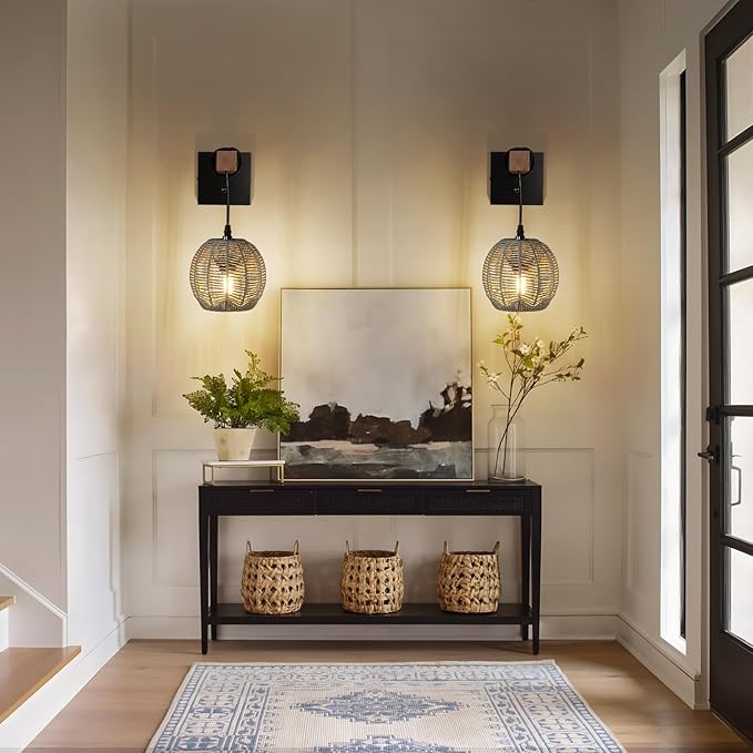 N01 100% Dimmer Wall Sconce with Hand Woven Rattan Boho Wall Lamp Farmhouse Wall Mount Light Fixture Plug in Wall Sconces for Bedroom Living Room Kitchen