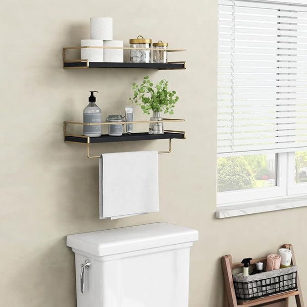 Forbena Black and Gold Bathroom Floating Shelves for Wall, Decorative Wall Mounted Shelves for Kitchen Coffee Bar Station Organizers and Storage, Hanging Shelving Unit for Bedroom Living Room (2-Pack)