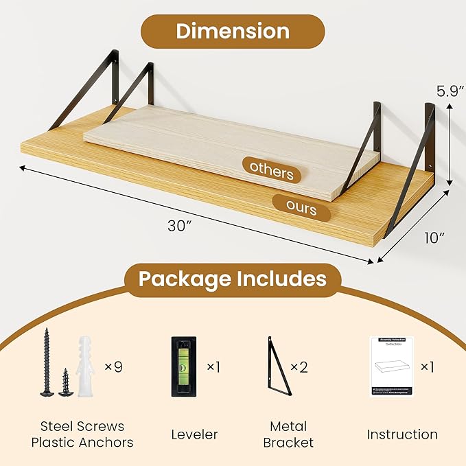 Deep Floating Shelves for Wall,30" Wx10 D Wood Floating Shelf Set of 2,Sturdy Metal Bracket Wide Display & Storage,Wall Mounted Hanging Floating Shelves for Living Room,Bedroom,Kitchen,Oak
