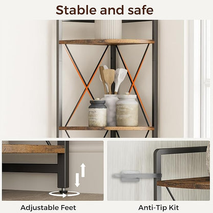 5 Tier Corner Shelf Stand, 64" H Tall Industrial Corner Bookshelf for Living Room Decor, Metal Corner Shelf, Plant Stand Display Shelf for Bedroom, Bathroom, Small Space, Rustic Brown