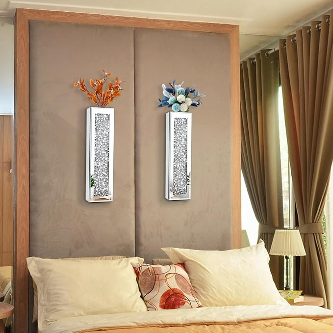 Silver wall Decor Mirrored Vase,Crystal Crush Diamond Flower Vase,Stunning Decorative Glass Hanging Planter & Container for Home Wall Decor.Befit for Faux Plants.Can't Hold Water.(2 Set)