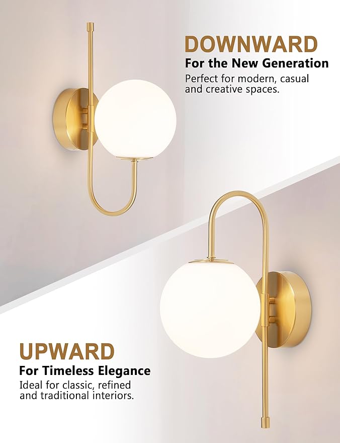 Battery Operated Gooseneck Wall Sconces Set of 2, Glass Globe Wireless Lights with Remote & Touch, Rechargeable Brushed Gold Sconce, 3 Color Dimmable Ambient Lighting for Bedroom Living Room