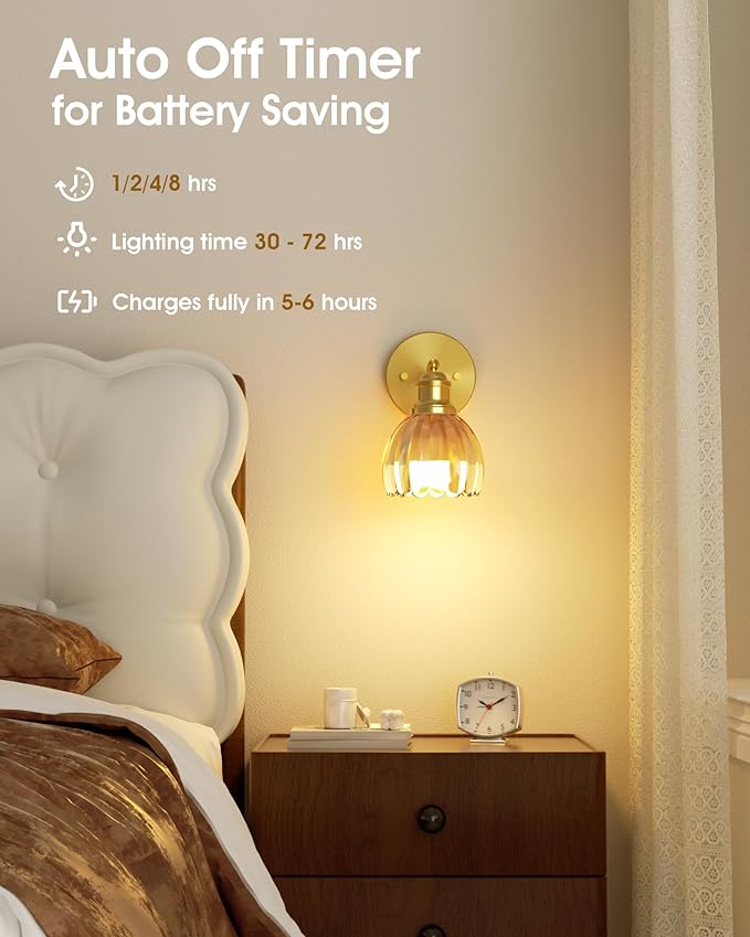VOLISUN Vintage Battery Operated Wall Sconce,with Amber Tulip Glass Lampshade, Wireless Wall Sconce, Rechargeable Battery Powered Wall Light, Sconce Wall Decor for Bedroom Living Room