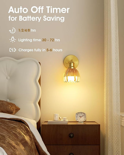 VOLISUN Vintage Battery Operated Wall Sconce,with Amber Tulip Glass Lampshade, Wireless Wall Sconce, Rechargeable Battery Powered Wall Light, Sconce Wall Decor for Bedroom Living Room