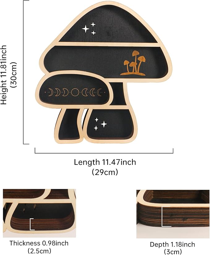 Cute Mushroom Decor, Wooden Floating Mushroom Shelf for Wall, Crystal Display Shelf Rock Gem Stone Display Shelf Wall Mounted
