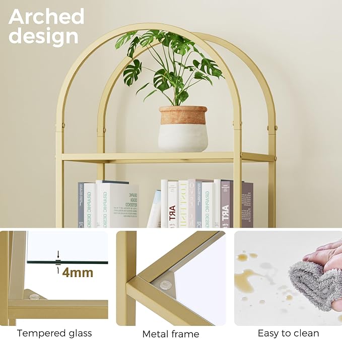 Homhedy Bookshelf Arched Display Racks,Metal Bookcase,Tempered Glass Shelves,Storage Rack Shelf for Home Office,Living Room,Bedroom, Bathroom,Modern Style (Golden, 11.8