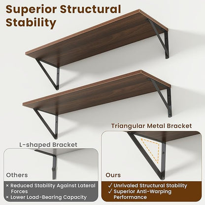 8" Deep Floating Shelves for Wall,16 inch Wood Wall Shelves Set of 2,Wide Floating Bookshelf with Sturdy Metal Brackets,Hanging Storage Floating Shelf for Living Room,Bedroom,Bathroom,Office,Walnut