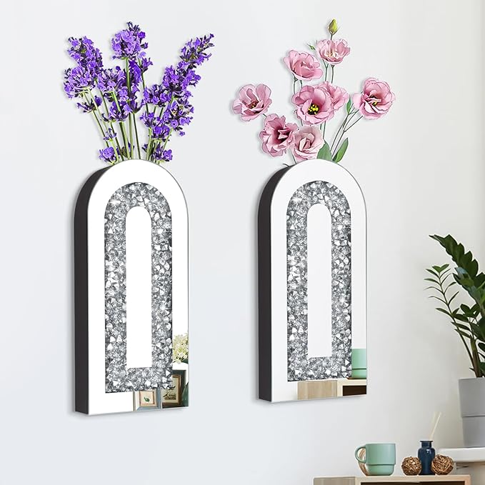 Crushed Diamond Mirrored Wall Decor Vase Crystal Silver Mirror Flower Vase Stunning Decor Glass Hanging Planter for Home Decor Living Room Dining Bedroom Hallway Wall Decor.Can't Hold Water(2 Set)