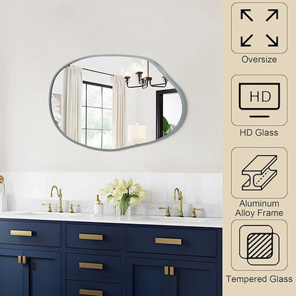 Asymmetrical Bathroom Mirror for Wall, Irregular Wall Mirror, Metal Framed Mirrors for Bathroom Bedroom Living Room Entryway, Decorative Modern Aluminum Alloy Wall Decor 18''x26'' Gray