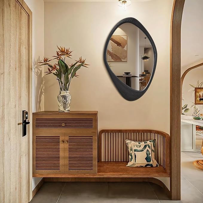 AAZZKANG Black Mirror with Wood Frame Large Irregular Wall Mounted Mirrors Asymmetrical Decorativefor Bathroom Bedroom Living Room Entryway 24"x16"