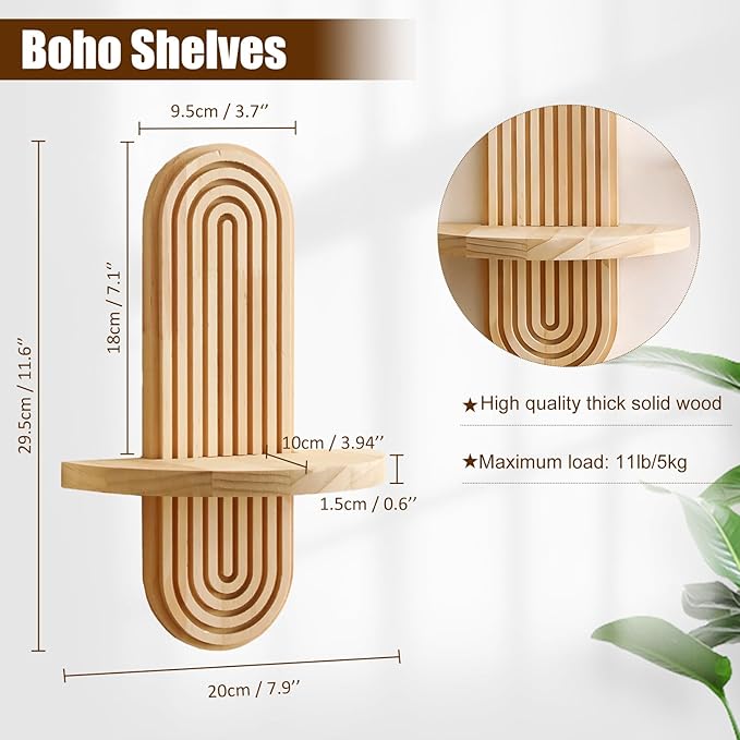 2 Pack Boho Shelf Wall Decor - Handmade Solid Wood Floating Shelves Rainbow Arch Trinket Storage Rack Wall Decor for Bedroom Living Room Nursery Bathroom