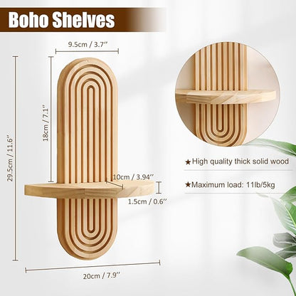 2 Pack Boho Shelf Wall Decor - Handmade Solid Wood Floating Shelves Rainbow Arch Trinket Storage Rack Wall Decor for Bedroom Living Room Nursery Bathroom