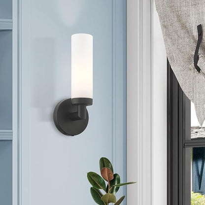 Livex Lighting 10103-04 Aero Collection ADA 1-Light Wall Sconce Light with Satin Opal White Glass Cylinder Shade, Black, 4.25 x 11