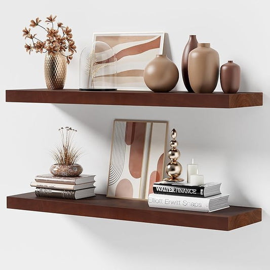 Marsmiles Floating Shelves for Wall - 36 Inch Wide x 8 Inch Deep Ash Wood Shelves Set of 2 - Rustic Floating Wood Shelves for Living Room Bedroom Bathroom
