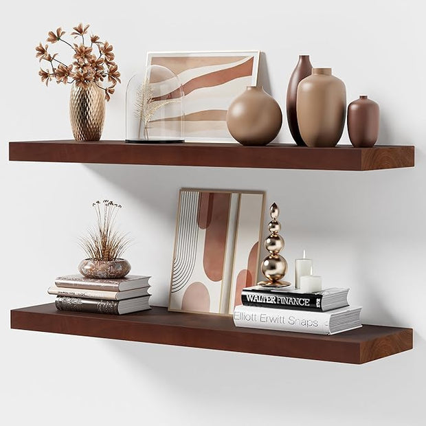 Marsmiles Floating Shelves for Wall - 36 Inch Wide x 8 Inch Deep Ash Wood Shelves Set of 2 - Rustic Floating Wood Shelves for Living Room Bedroom Bathroom