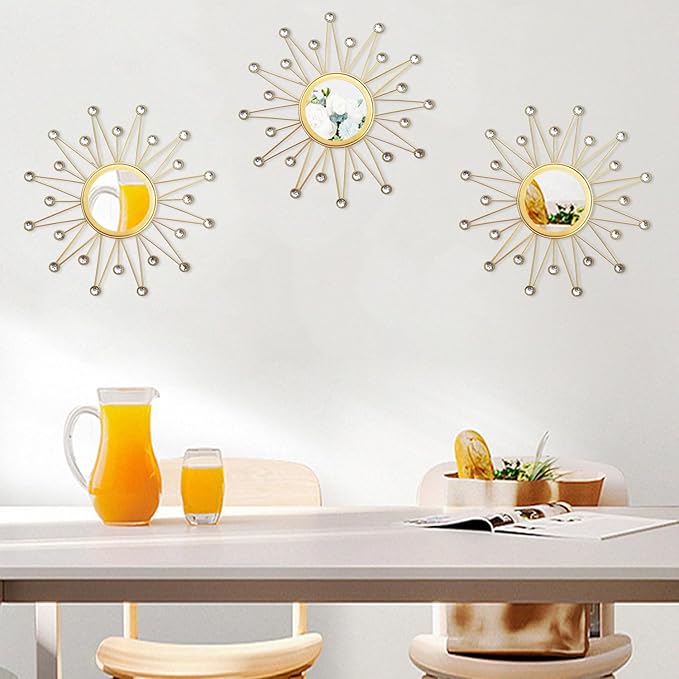 Uaussi 3 Pack Crystal Sunburst Wall Mirror Décor Rhinestone Mirrors Decorative Home Wall Art for Living Room Bedroom Entryway (Triangle Burst Gold)