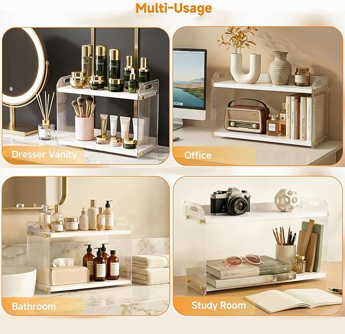 2 Tier Coffee Station Organizer - Acrylic & Pine Wood coffee bar shelf, Easy-to-Clean matcha station for Kitchen Countertops, for Placing Mugs, Coffee Beans, Syrup etc.(15.75
