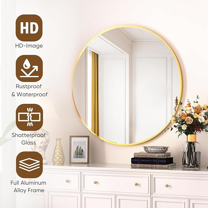 Antok 24 Inch Round Mirror for Wall, Round Bathroom Mirror, Circle Wall Mirrors with Gold Metal Frame, Circle Mirrors Suitable for Wall, Bathroom, Vanity, Living Room, Entryway