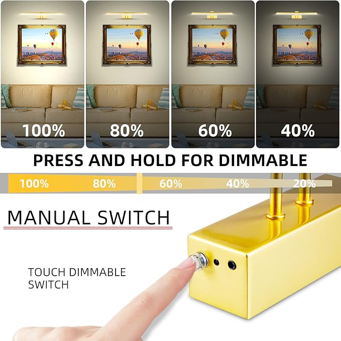 Picture Light,5000mAh Rechargeabl Art Lights for Paintings,Remote 16" Display Accent Lighting with Timer and Dimmable for Wall,Frame,Portrait-Brass