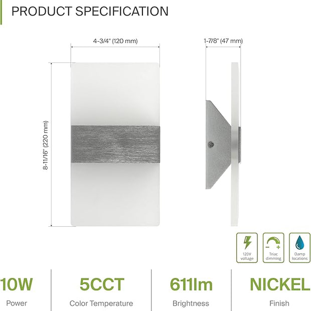 ASD LED Indoor Wall Mount Light Fixture - 8 Inch 10W Modern Interior Brushed Nickel Dimmable Wall Sconce Light - ETL 2700K-5000K Adjustable - Hallway, Bedroom LED Wall Lights, Pack of 2