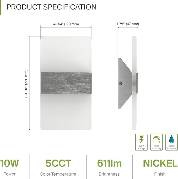 ASD LED Indoor Wall Mount Light Fixture - 8 Inch 10W Modern Interior Brushed Nickel Dimmable Wall Sconce Light - ETL 2700K-5000K Adjustable - Hallway, Bedroom LED Wall Lights