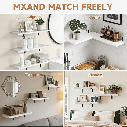 LifetimeWarranty Wall Shelves With Brackets, NOT Floating Easy Install 15.7Inch Solid Wood Shelf 3PCS, Modern Storage Display Shelves for Books Plants Frames, Ledge Shelf for Bathroom Bedroom Kitchen