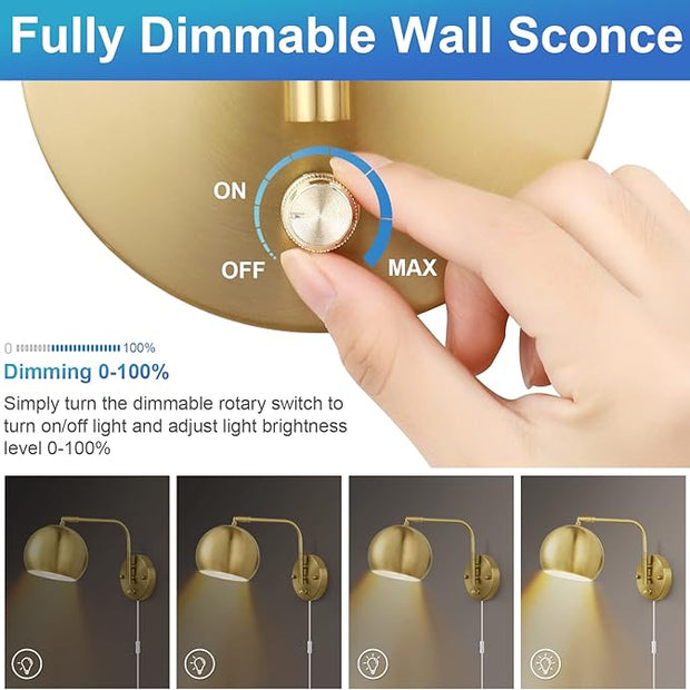 Plug in Dimmable Wall Sconce Swing Arm Wall Lights with Plug in Cord and Dimmer On/Off Knob Switch, Brushed Brass Globe Wall Light for Bedside Bedroom Bathroom(1 Bulb Included)