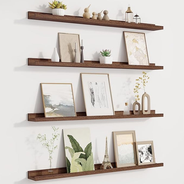 Fun Memories Picture Ledge Shelf for Wall, Floating Shelves Set of 4, 36 Inch Long Nursery Book Shelves for Toys Storage, Kids Bookshelf Wall Mounted for Books Photo Frames, Walnut