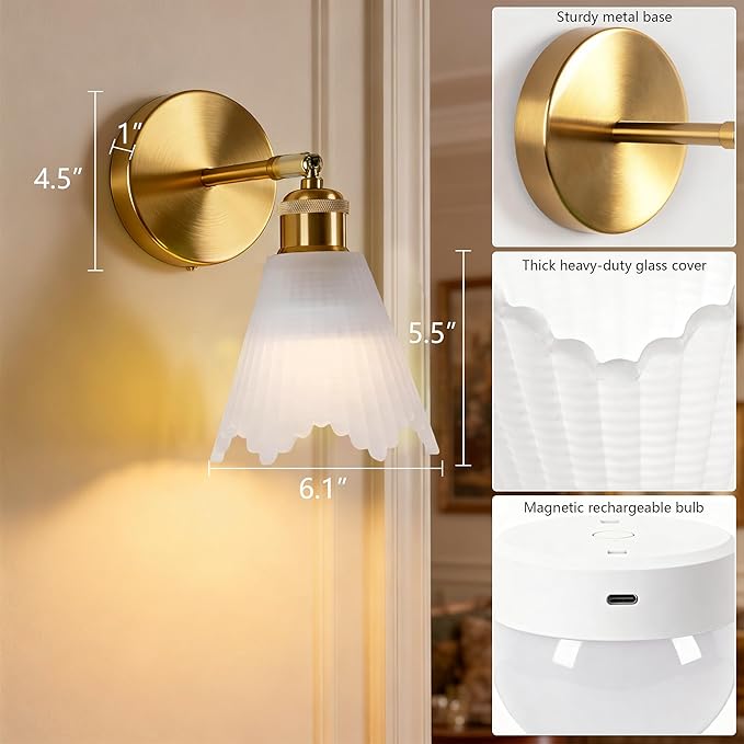 Vintage Battery Operated Wall Sconce with Milky Crystal Grid Glass Lampshade Rechargeable Battery Powered Wall Light with Remote Control for Bedside Bedroom Bathroom, Set of 1