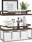 WOPITUES Floating Shelves with Wire Storage Basket, Bathroom Shelves Over Toilet with Protective Metal Guardrail, Wood Wall Shelves for Bathroom, Bedroom, Living Room, Toilet Paper- Dark Brown